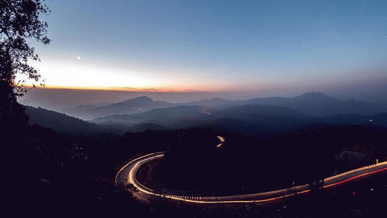 Night landscape with long exposure car lights
