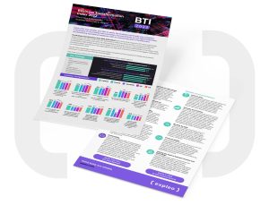 Two pages of a business report titled "Business Transformation Index 2022" with various charts, graphics, and text. The top page includes bar graphs and summary points, while the bottom page has detailed text. Both pages have a predominately white background with purple accents.
