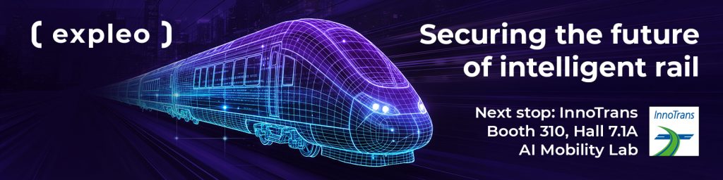 Digital rendering of a train made of blue light lines with the text, “Securing the future of intelligent rail. Next stop: InnoTrans Stand 310, Hall 7.1A AI Mobility Lab,” and Expleo and InnoTrans logos.