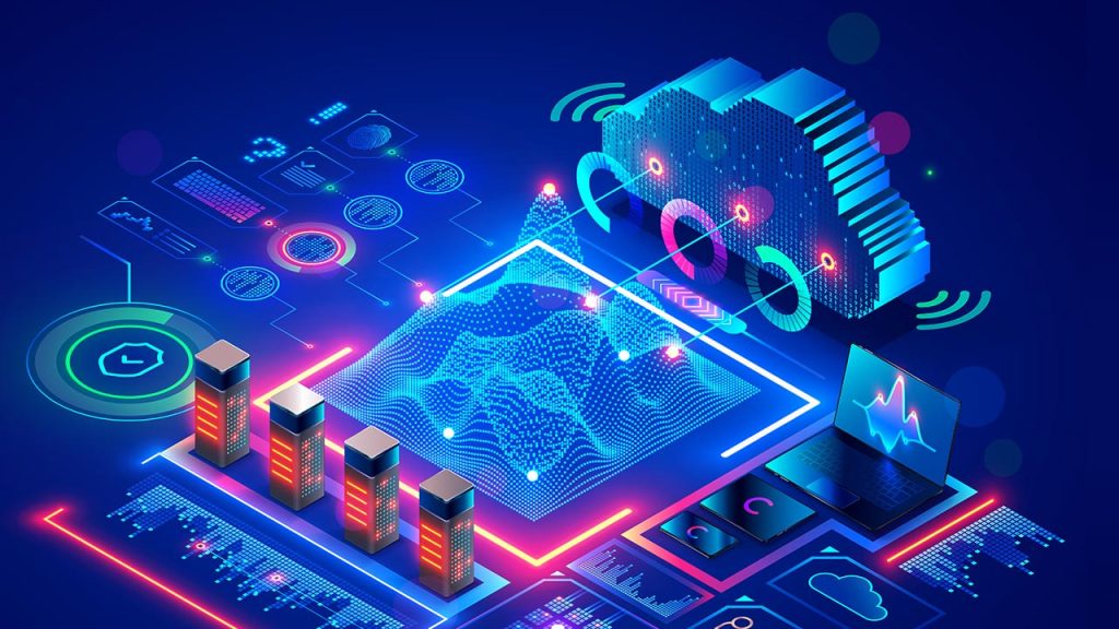 Futuristic digital illustration depicting cloud computing and data analytics. Features a cloud, data servers, graphs, laptop with a chart, and interconnected technology symbols on a glowing blue background.