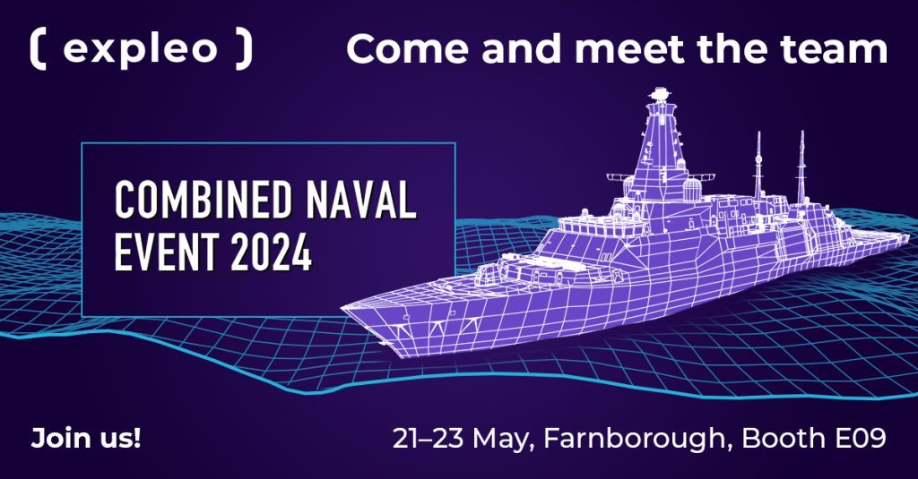 Promotional image for the combined naval event 2024 featuring a digital illustration of a modern warship on a dark blue background with event details, inviting people to meet the team at booth e09 from may 21-23 in farnborough.