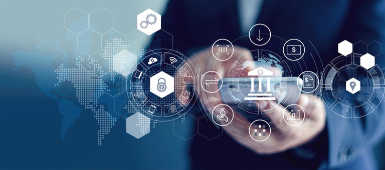 A person holds a smartphone with various digital icons and graphics representing technology, security, finance, and connectivity. The background features a world map with hexagonal patterns and futuristic elements, suggesting global digital connectivity.