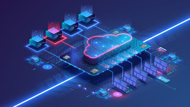 A digital illustration depicting cloud computing technology. The scene displays a central cloud icon connected to multiple servers and computer screens with circuit board patterns in the background, accented by neon blue and pink lights.