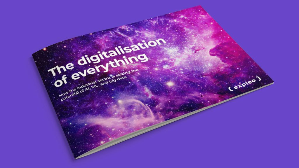 A magazine titled "Industry report: The digitalisation of everything" displayed on a purple background. The cover features a vibrant galaxy image with white and purple hues.