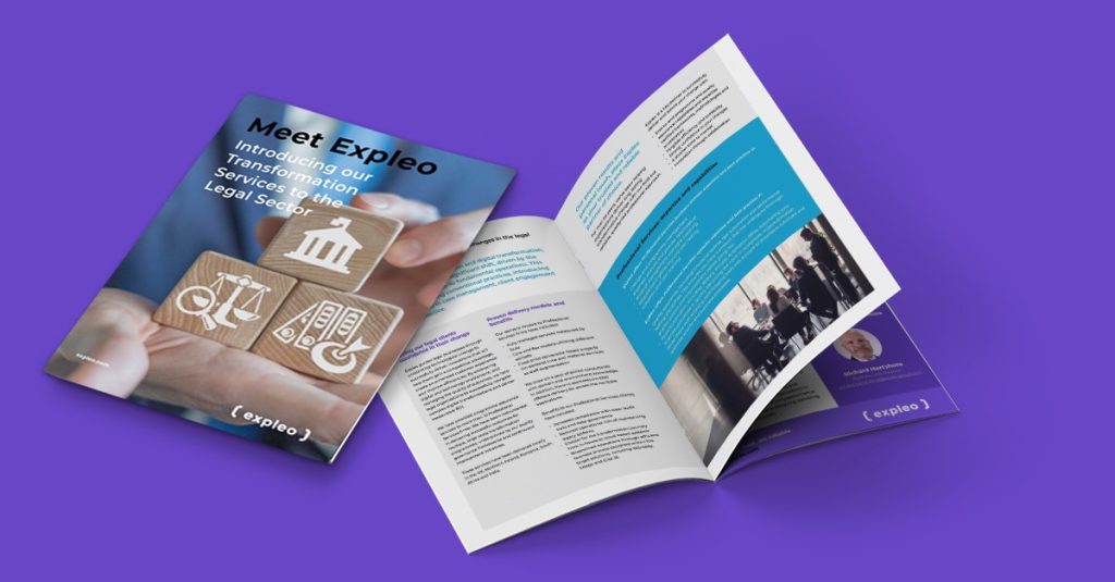 A promotional brochure opened to display content, featuring striking blue-purple hues, titled "meet exploreo" with sections on legal services and team information.