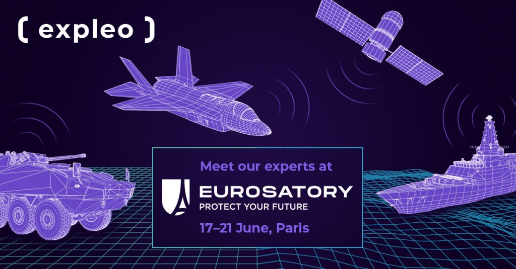 Promotional image featuring vector-style illustrations of a space shuttle, satellites, and military vehicles against a dark background with the text "meet our experts at Eurosatory, protect your future, 17-21