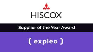 Logo of hiscox with text "supplier of the year award" above the expleo logo, divided by a purple band.