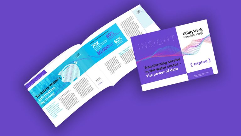 A brochure titled "INSIGHT: Transforming service in the water sector" by Utility Week Intelligence and Expleo. It has a purple cover with data graphics, and the open pages displaying text, infographics, and a headline about Yorkshire Water's information economy.