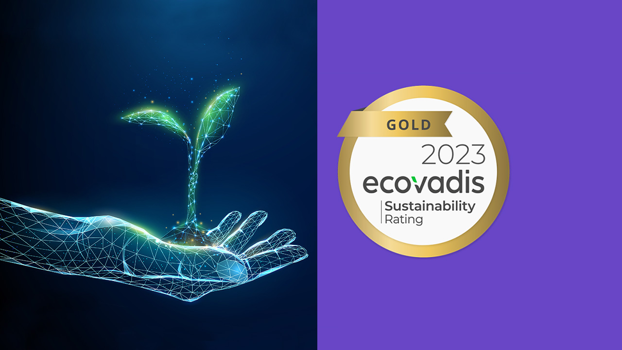 Digital graphic of a glowing wireframe hand holding a green plant sprout, with a holographic effect on a dark background. beside it, an emblem indicating a 2023 ecovadis gold sustainability rating.
