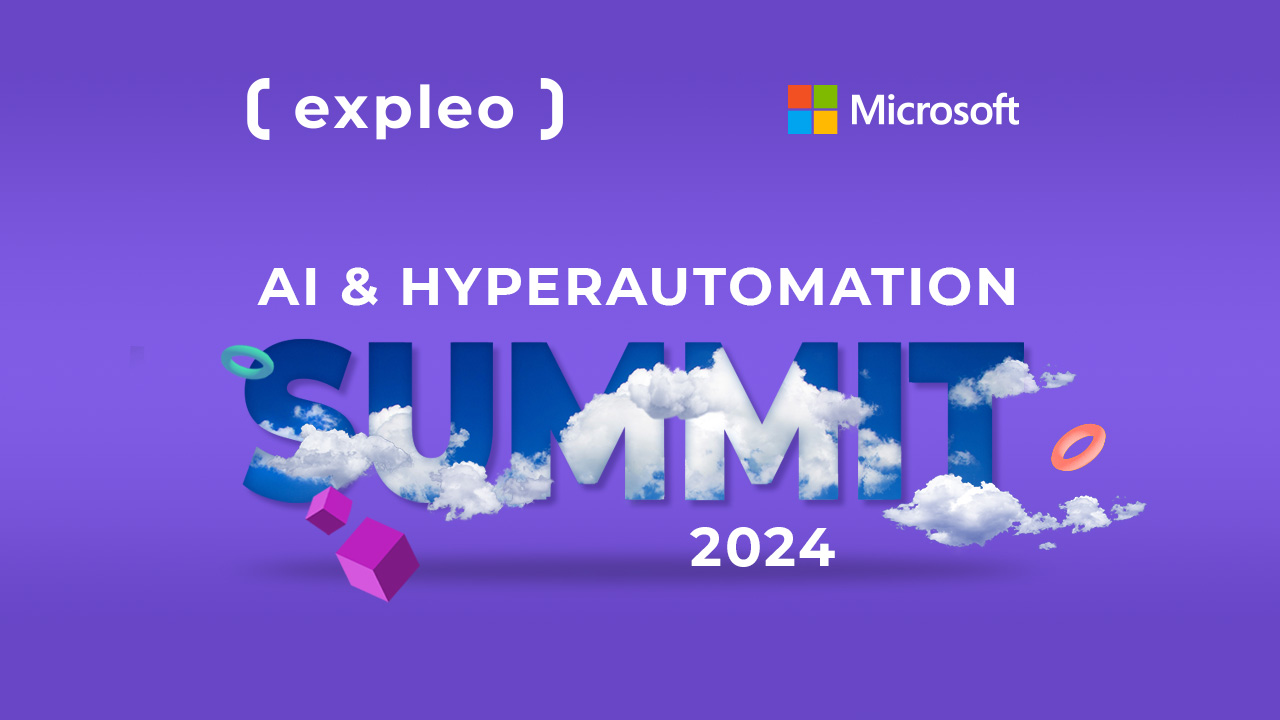 Promotional graphic for the ai & hyperautomation summit 2024 featuring logos of expleo and microsoft on a purple background with the word "summit" styled to appear amidst clouds.