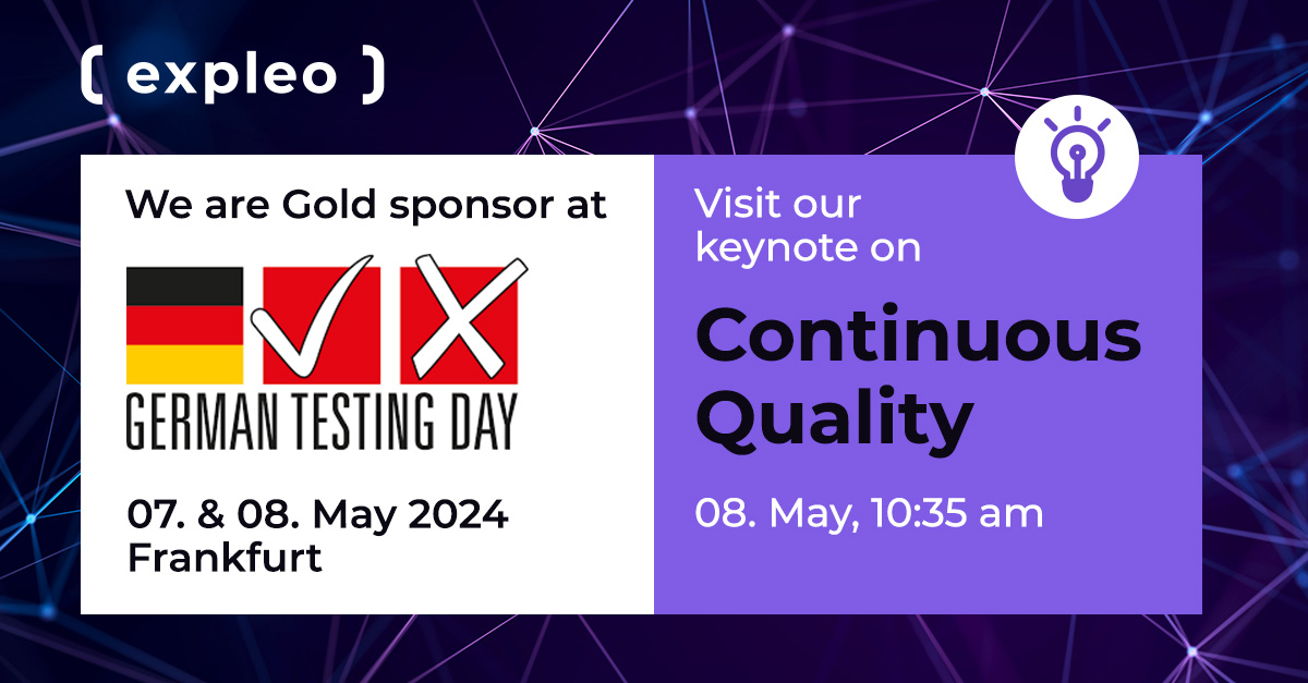 Promotional image for expleo, highlighting their gold sponsorship at german testing day in frankfurt on may 7-8, 2024. it includes an invitation to a keynote on continuous quality on may 8 at 10:35 am.
