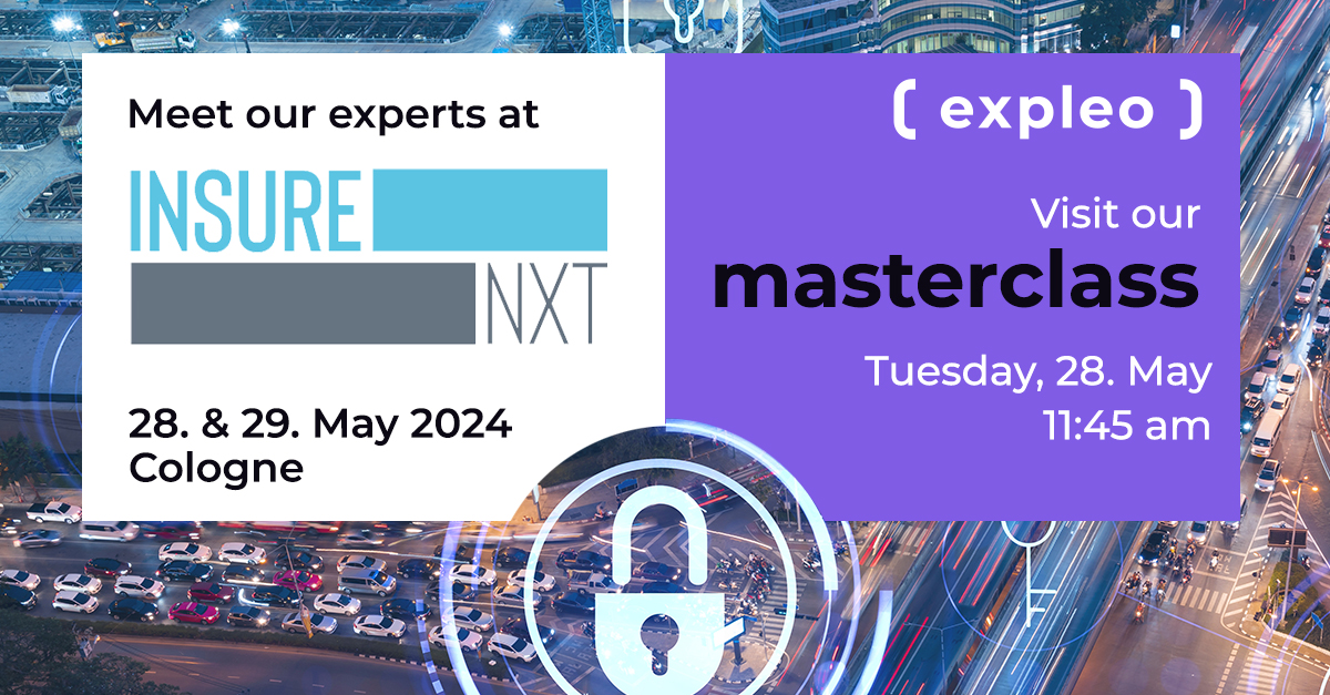 Promotional graphic for expleo's masterclass at the insure nxt event on 28th and 29th may 2024 in cologne, displaying an aerial view of a busy city intersection with a blue overlay and event details.