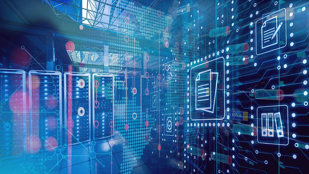 A futuristic data center with advanced network connectivity and digital interface overlays representing high-speed data processing and cyber technology.