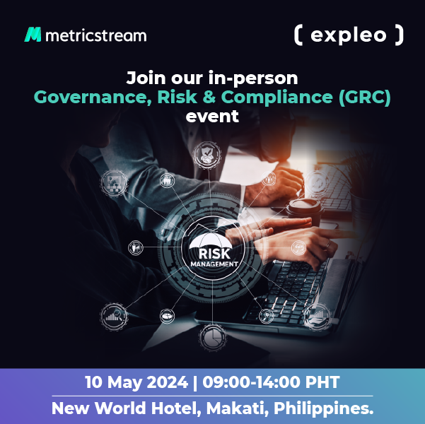 Advertisement for an in-person governance, risk & compliance (grc) event by metricstream and expleo on may 10, 2024, at new world hotel, makati, philippines. features a person typing on a laptop with graphic icons of gears and clocks.