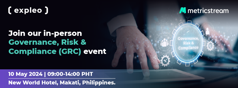 Promotional banner for an in-person governance, risk & compliance (grc) event by metricstream and expleo on 10 may 2024 at new world hotel, makati, philippines, showing a hand interacting with a digital tablet.