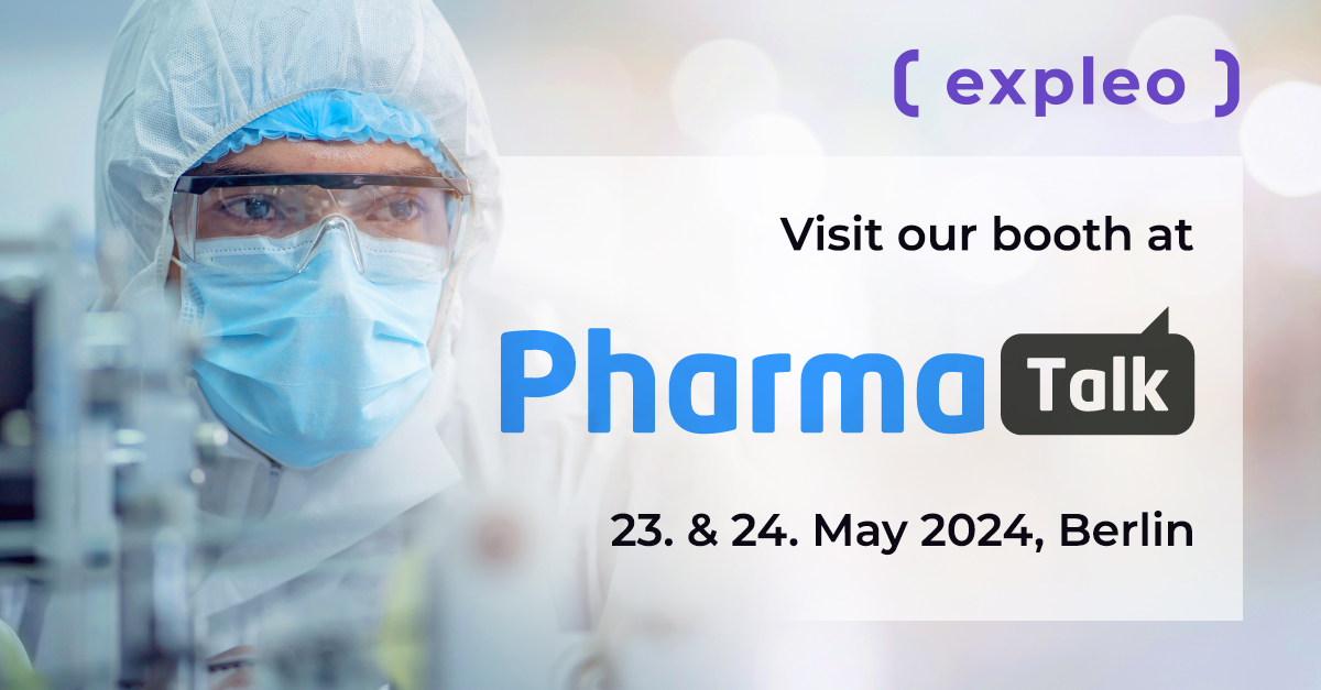 A scientist in a lab coat, mask, and hairnet stands in a laboratory, looking at the camera. text overlays promote expleo's booth at pharma talk, may 23-24, 2024, in berlin.