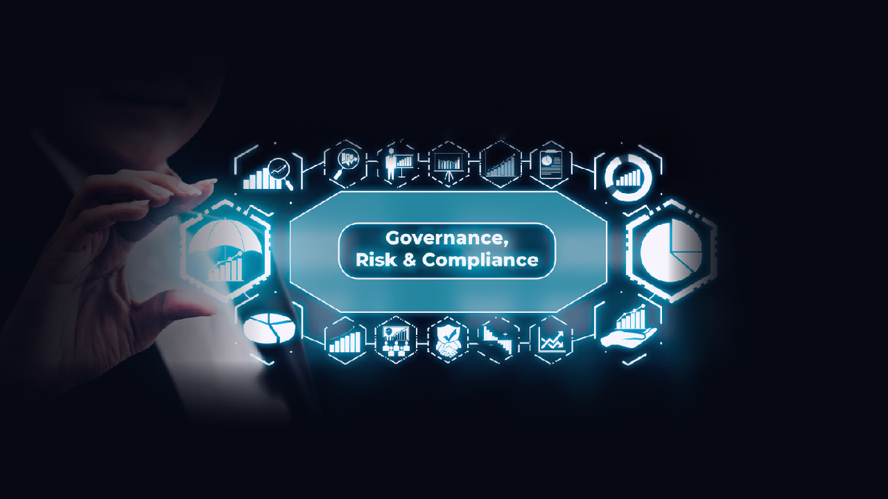 A person's hand interacting with a futuristic holographic interface displaying icons and text related to governance, risk, and compliance, with a dark, high-tech background.