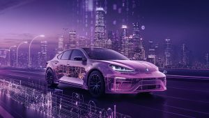 A futuristic electric sedan with a transparent design revealing its inner mechanics drives along a digitalized road in a vibrant purple neon-lit cityscape.