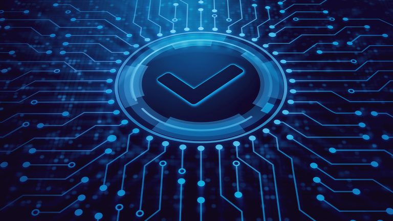 A digital illustration featuring a blue check mark in a circular, glowing frame at the center, surrounded by interconnected circuitry patterns on a dark blue background, evoking themes of technology, security, and network connectivity.