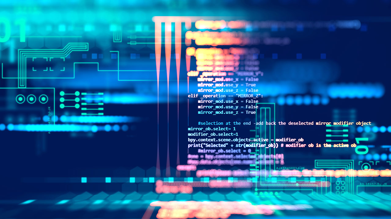 A digital image featuring glowing lines of computer code and abstract geometric shapes. The code is highlighted against a blurred backdrop of circuit board elements, giving a sense of depth and complexity. The colors are predominantly blue and green with some orange accents.