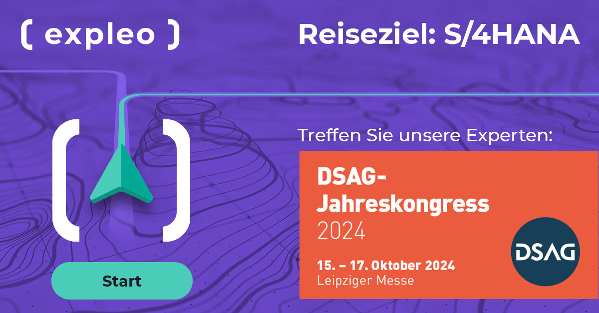 Promotional graphic for the DSAG Annual Congress 2024, with prominent text in German. It includes the expleo logo, the headline "Reiseziel: S/4HANA", and details about the event occurring from October 15-17, 2024 at Leipziger Messe. Button labeled "Start" and DSAG logo also present.
