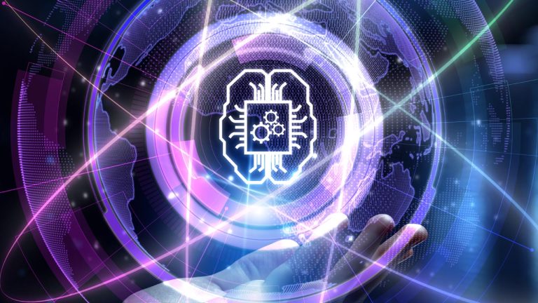 An extended hand with a glowing digital brain hologram featuring gear symbols and circuitry. Around the brain is a circular network of interconnected lines and dots, resembling circuits, set against a dark background with abstract world maps and a futuristic design.