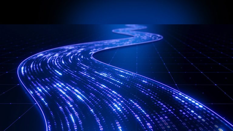 A glowing digital stream of binary code winds across a dark, grid-patterned surface. The blue and purple lights create an illuminated path, suggesting the flow of digital information through a technological landscape.