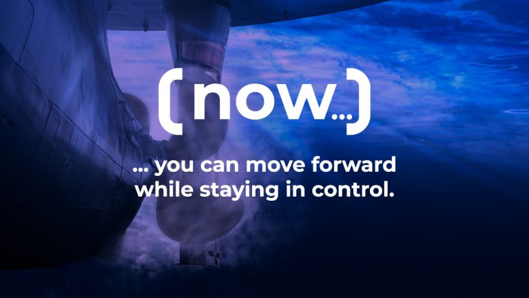 A close-up of an airplane engine with the word "now" in parentheses displayed above. Below it, text reads: "...you can move forward while staying in control." The background features a blue sky with scattered clouds.