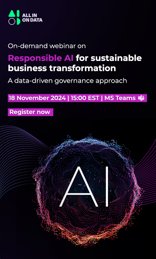 Promotional poster for an on-demand webinar about "Responsible AI for Sustainable Business Transformation" with a data-driven governance approach. Scheduled for 18 November 2024, 15:00 EST on MS Teams. Features abstract digital art and a "Register now" button.