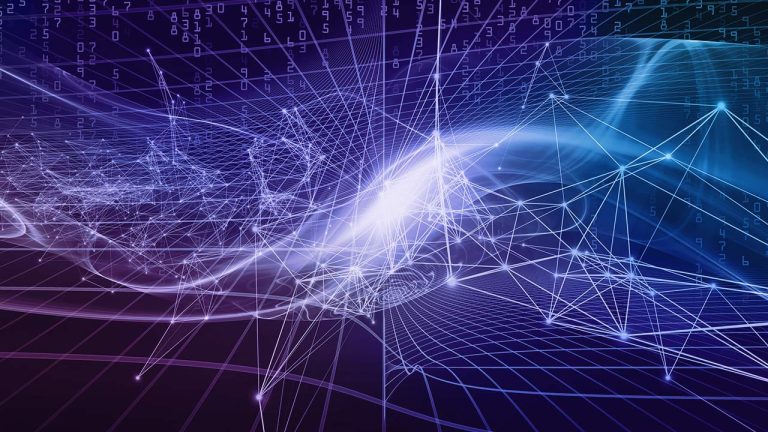 A digital, abstract background featuring swirling lines and interconnected web-like structures on a dark purple and blue gradient. Numbers and grid patterns overlay the image, creating a sense of depth and complexity.