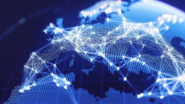 A digital rendering of a world map highlights continents with glowing blue lines and dots, representing european superdrid.