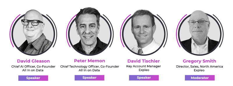A lineup of four individuals is shown with titles and roles: David Gleason, Peter Memon, David Tischler, and Gregory Smith, each identified as a speaker or moderator for an event.