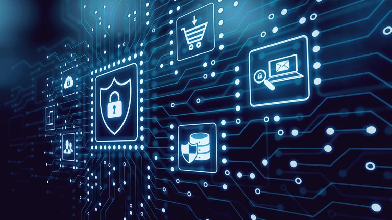 A digital circuit board with glowing blue icons representing cybersecurity elements: a shield with a lock, shopping cart, database, email on a laptop, and documents. The background resembles a complex network of connected pathways.