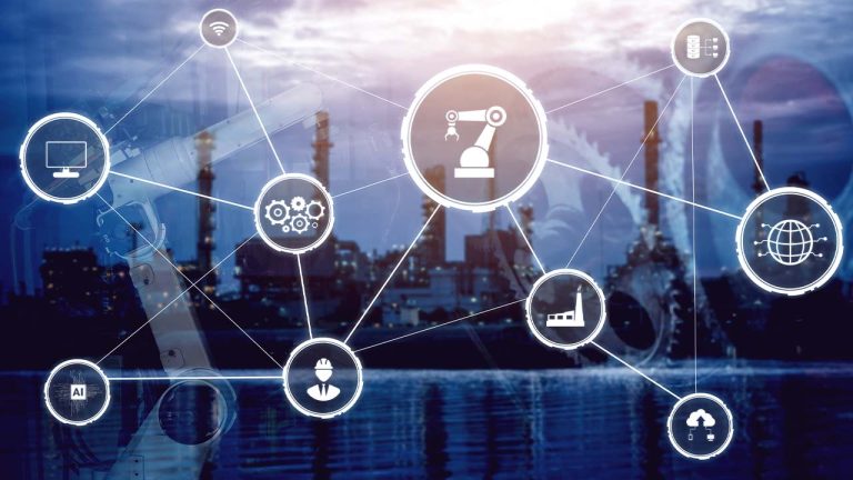 Symbols of industrial automation and connectivity overlay an image of a factory. Icons represent AI, robotics, cloud storage, and global networking, illustrating a digital, interconnected industrial landscape against a backdrop of smokestacks.