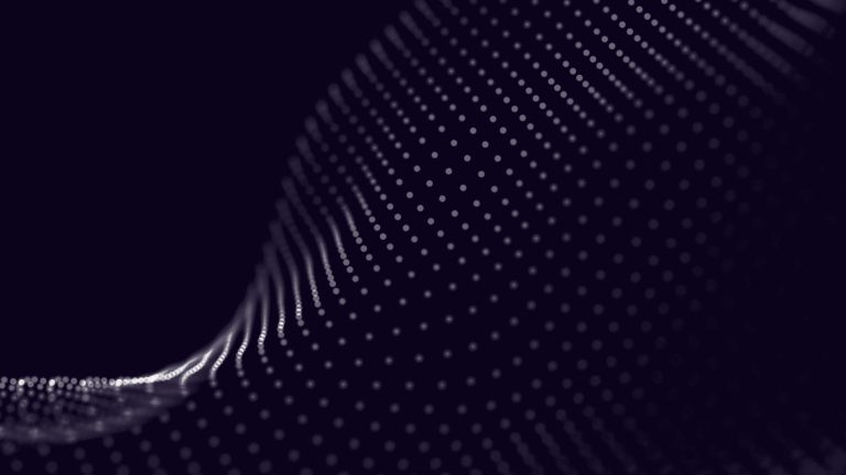 A dark abstract background with a gradient of small, glowing white dots forming wavy, undulating patterns, creating a sense of depth and motion.