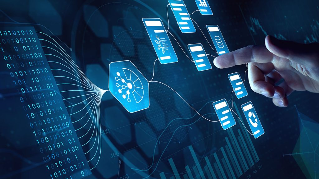 A hand interacts with a digital interface displaying data flow and blockchain technology. Connected nodes and binary code are visible, set against a futuristic background. A bar graph is also partially shown at the bottom.