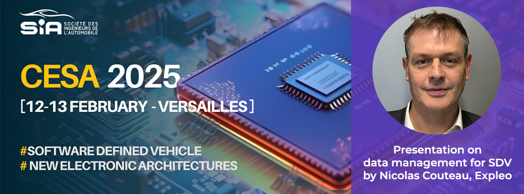Promotional image for CESA 2025, held on February 12-13 in Versailles, featuring a microchip graphic. Includes a photo of a speaker on data management for SDV by Nicolas Couteau, Expleo. Hashtags: #SoftwareDefinedVehicle #NewElectronicArchitectures.