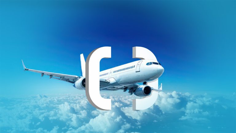 A large passenger airplane flies above the clouds against a bright blue sky. Two large, stylized brackets in white are superimposed over the image, partially obscuring the plane.