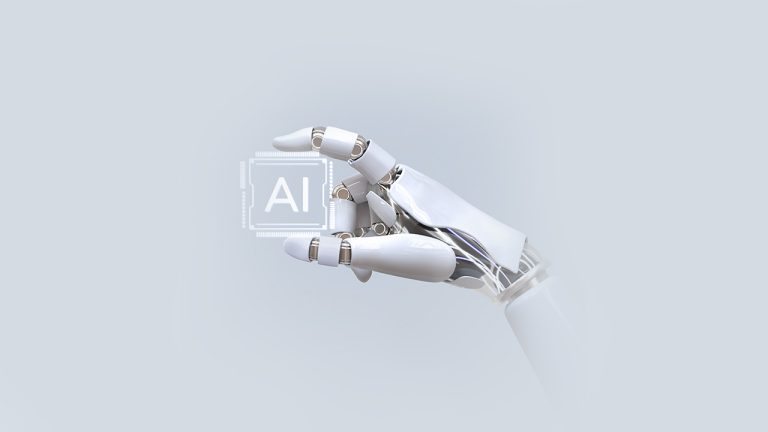 A robotic hand holding a transparent square with "AI" written on it, set against a light gray background. The image suggests a blend of technology and artificial intelligence.