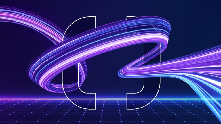 A digital artwork of swirling neon purple and pink light trails forming an abstract pattern against a dark background. The foreground features a grid pattern and thin, white, partially visible overlapping circular shapes.