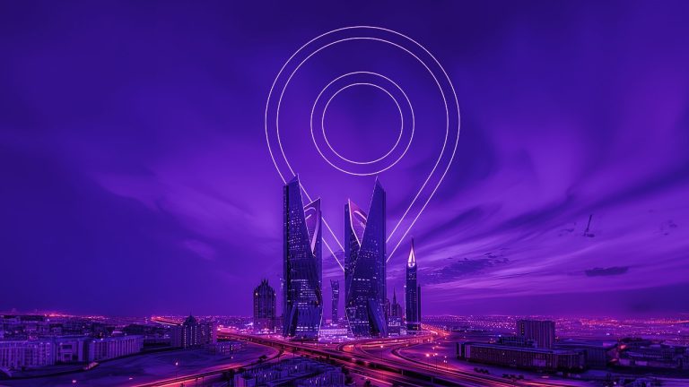 A futuristic city skyline at dusk with tall, modern skyscrapers, glowing purple hues, and a large, neon location pin icon superimposed in the sky above the buildings.