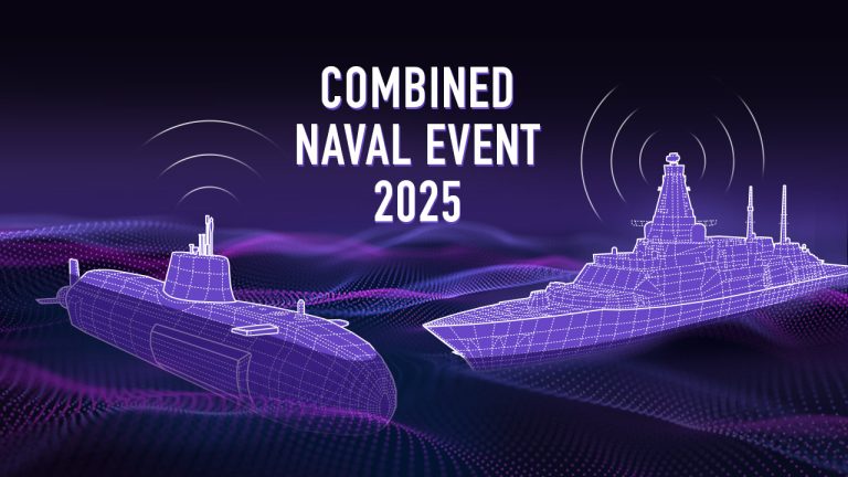 Digital illustration of a submarine and a battleship made with wireframe lines on a wavy grid background. Text in the center reads "Combined Naval Event 2025.