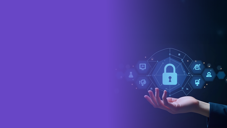 A person’s hand is held out with a digital padlock icon and various technology symbols above it, representing cybersecurity. The left side of the image has a purple gradient background.