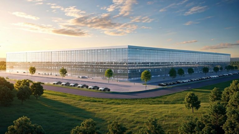A large, modern glass building with a flat roof is surrounded by parking lots and greenery on a sunny day, with a row of parked cars in front and trees in the foreground.