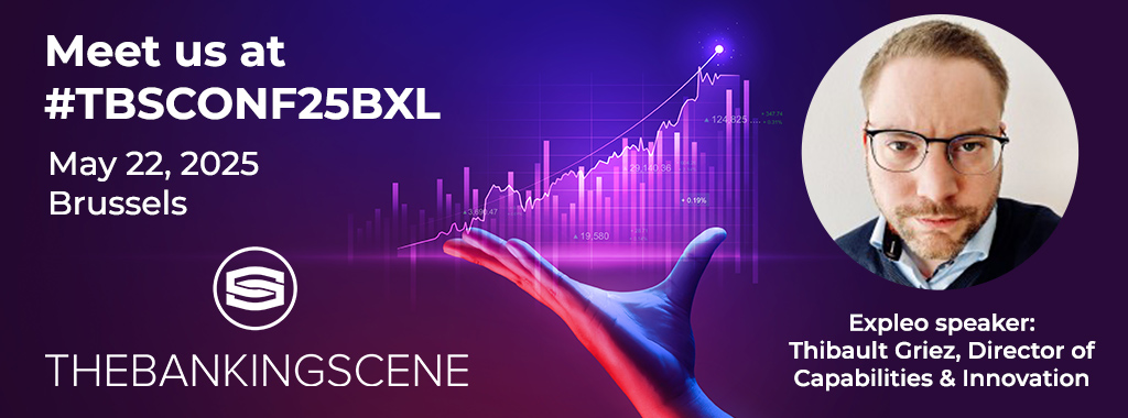 Promotional banner for THEBANKINGSCENE conference in Brussels on May 22, 2025, featuring event details, a headshot of a speaker, and a glowing hand holding a rising digital graph.