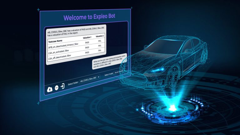 A digital illustration shows a holographic car alongside a floating interface displaying validation data, with the text "Welcome to Expleo Bot" at the top, set against a futuristic, blue-toned tech background.