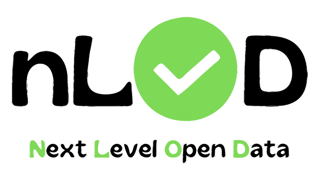 Logo with the text "nLOD" where the "O" is a green circle with a white checkmark, and below it says "Next Level Open Data" with "N," "L," "O," and "D" in green and other letters in black.