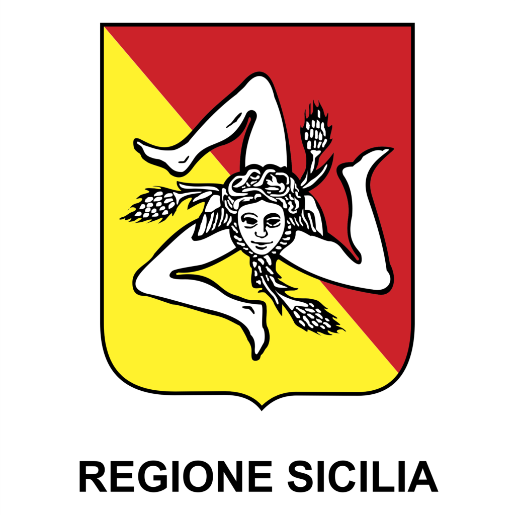 Coat of arms of Sicily: a shield divided diagonally yellow and red, featuring a Gorgon’s head with three bent legs radiating outward and three wheat ears. Below, the text “REGIONE SICILIA” in bold black letters.