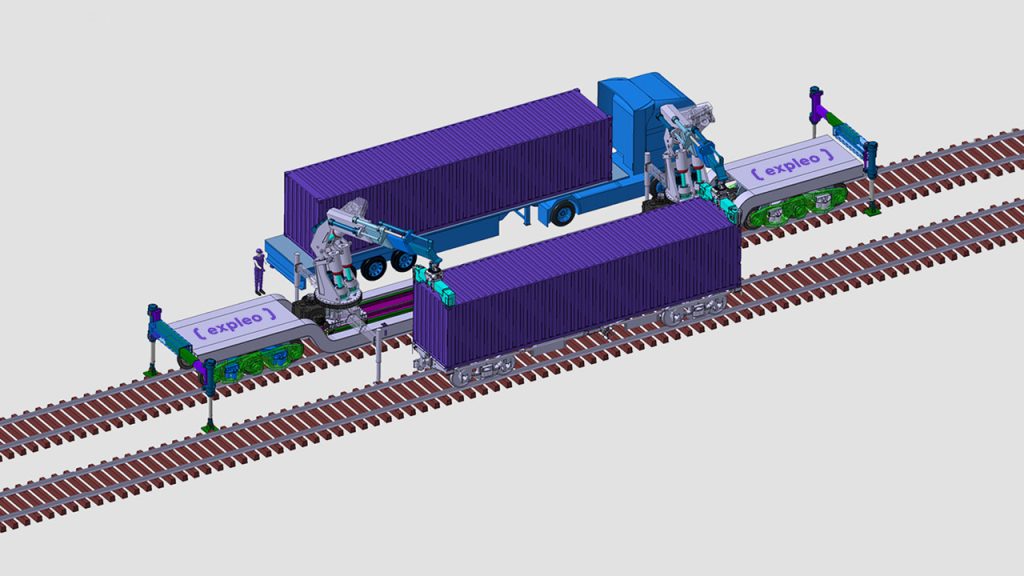 Isometric illustration of a rail system with robotic arms transferring purple shipping containers between a truck and train cars labeled "(expleo)" on parallel tracks.