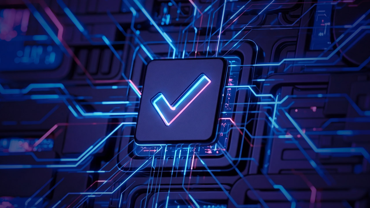 A glowing tick icon is centred on a digital circuit board, with blue and pink neon lines radiating outwards, symbolising technology, validation, or cybersecurity approval.
